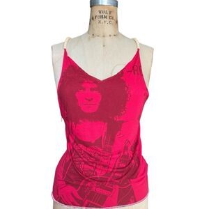 Vintage Red Graphic Camisole Tank with Pearl Beaded Straps Size S